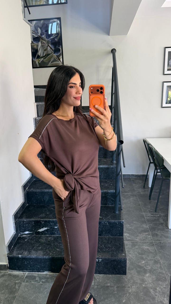 Nish Kahverengi Tül Taş Detaylı İkili Takım