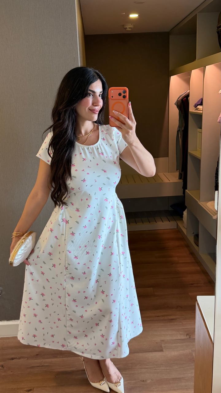 Nissa Beyaz Pembe Çiçek Desenli Elbise