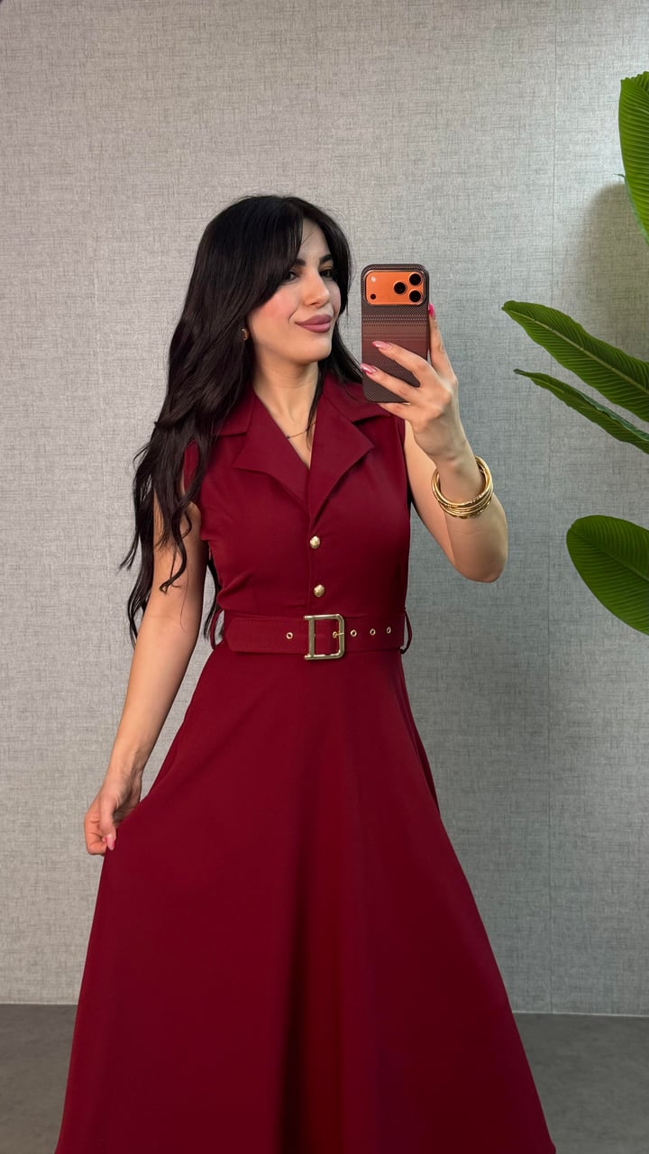 Noa Bordo Yakalı Kemerli Elbise