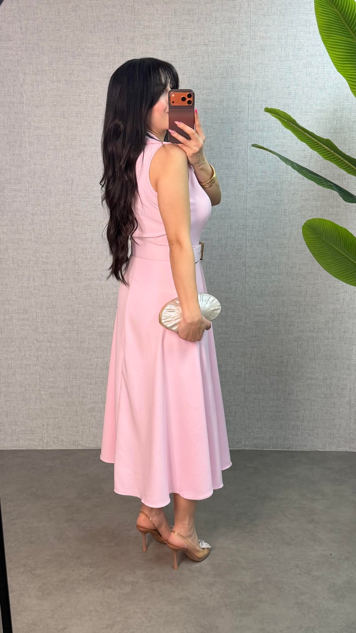 Noa Pembe Yakalı Kemerli Elbise