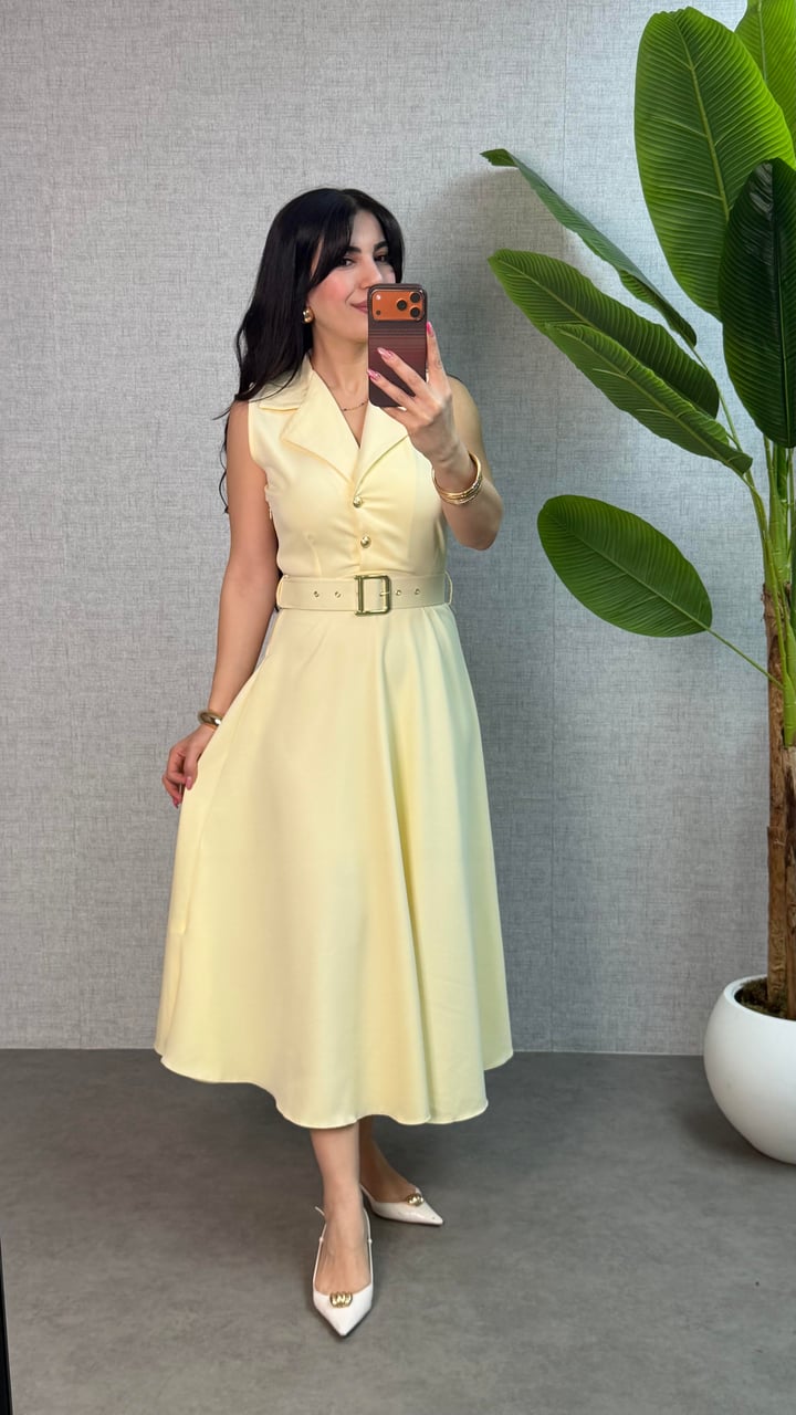 Noa Sarı Yakalı Kemerli Elbise