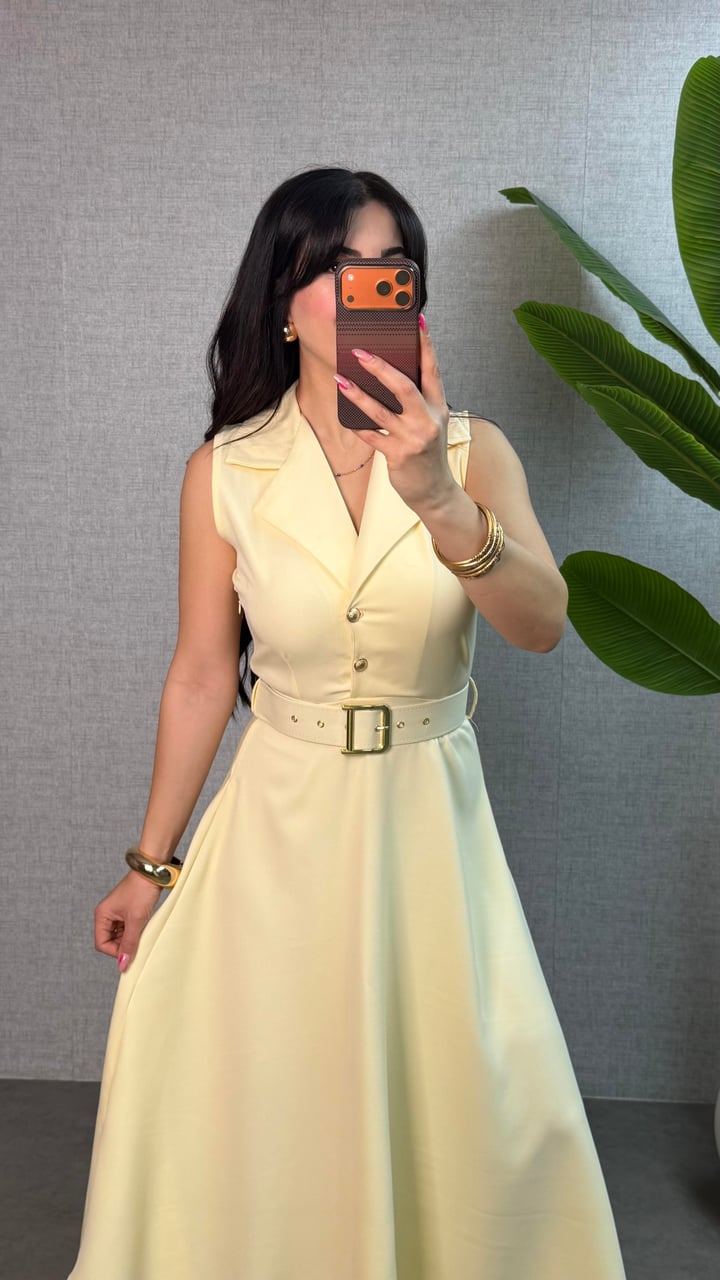 Noa Sarı Yakalı Kemerli Elbise