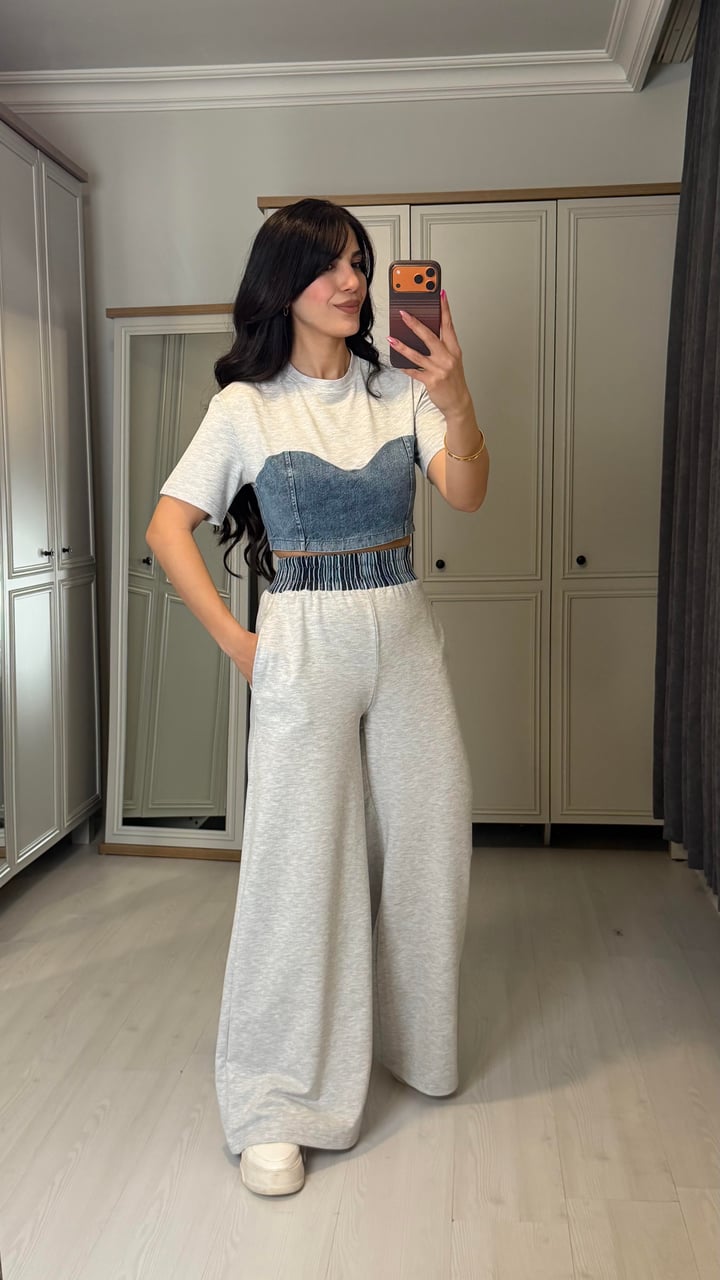 Noca Premium Bej Denim Detaylı İkili Takım