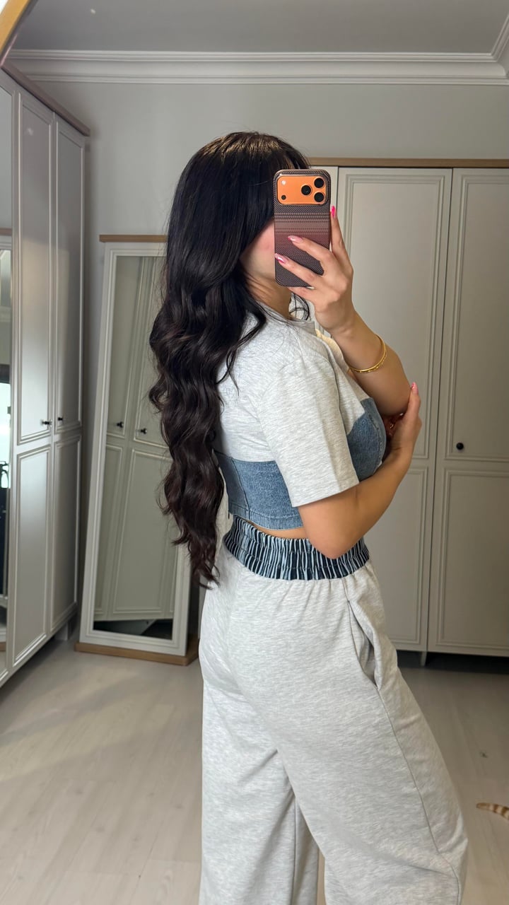 Noca Premium Gri Denim Detaylı İkili Takım