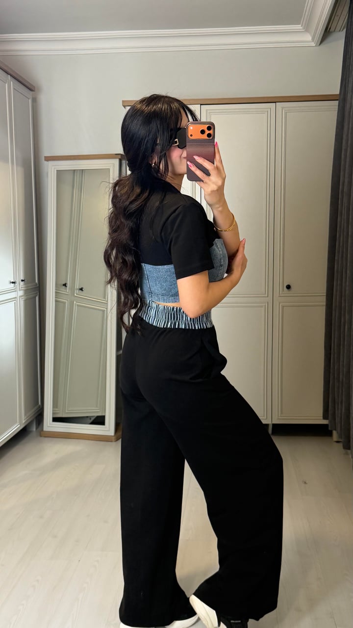 Noca Premium Siyah Denim Detaylı İkili Takım