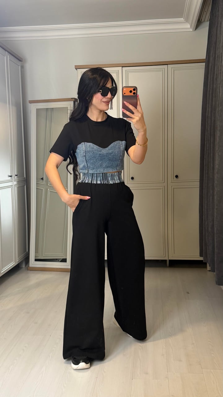 Noca Premium Siyah Denim Detaylı İkili Takım