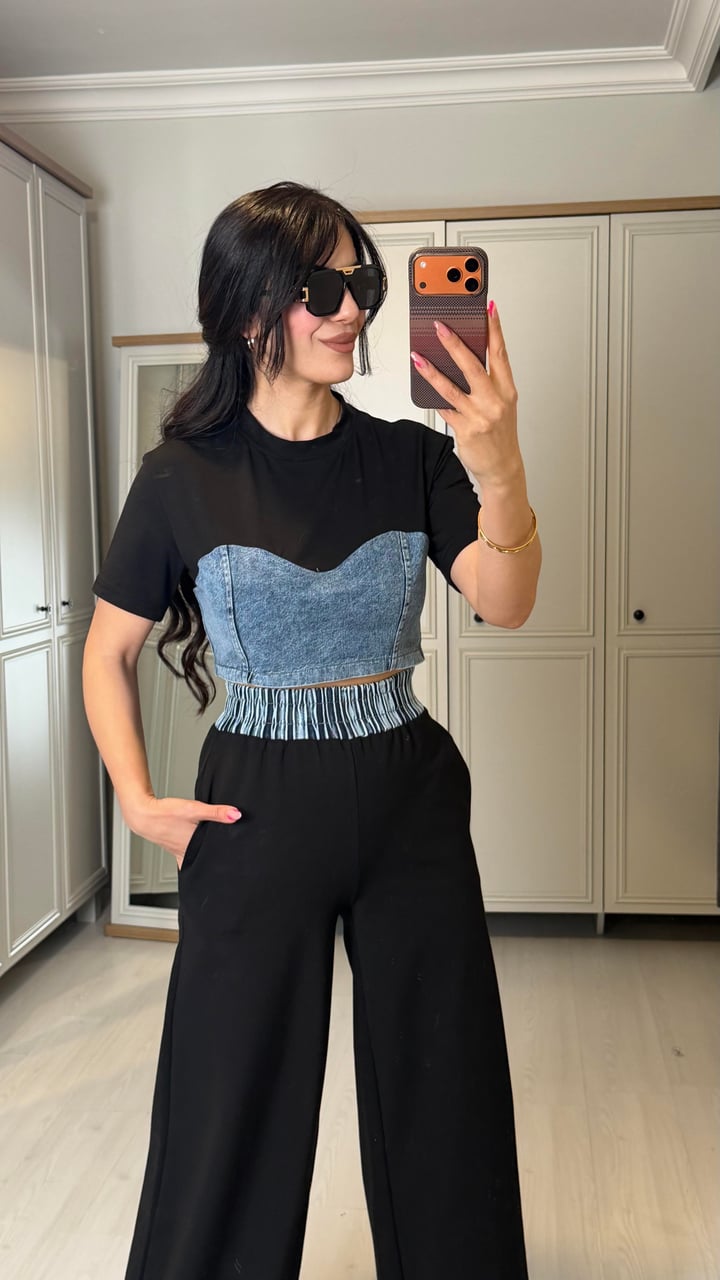 Noca Premium Siyah Denim Detaylı İkili Takım