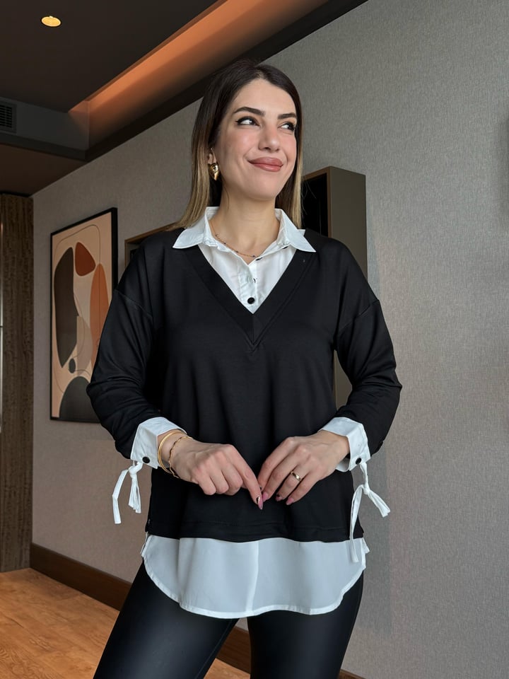 Nolin Siyah Gömlek Detaylı Bluz