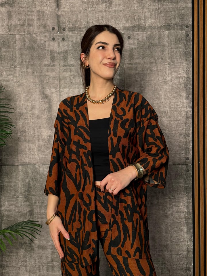 Noves Kahverengi Desenli Kimono İkili Takım