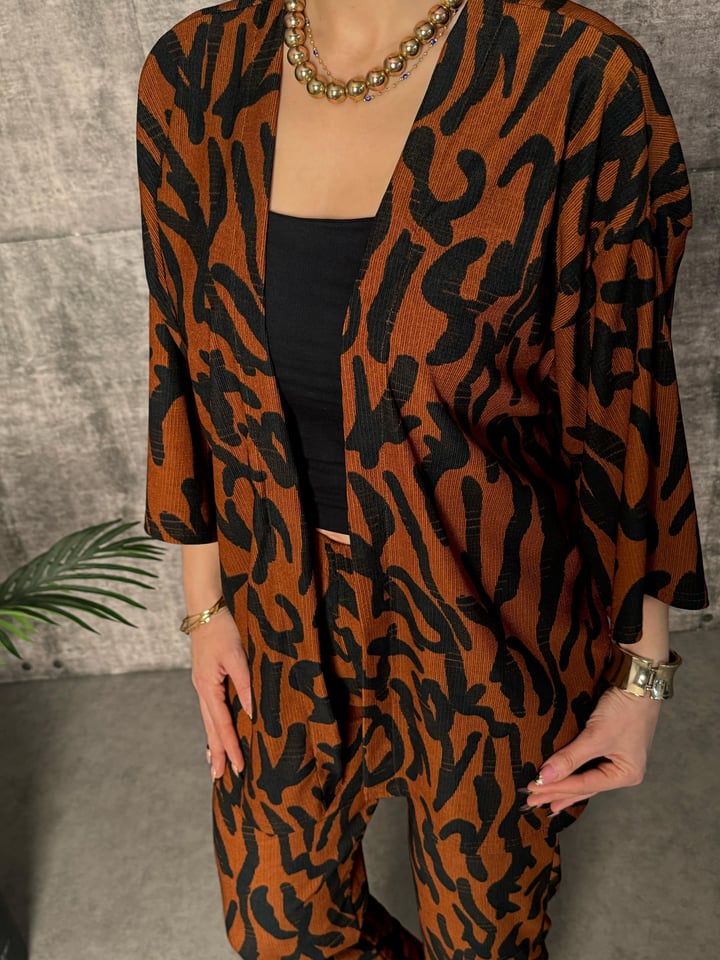 Noves Kahverengi Desenli Kimono İkili Takım