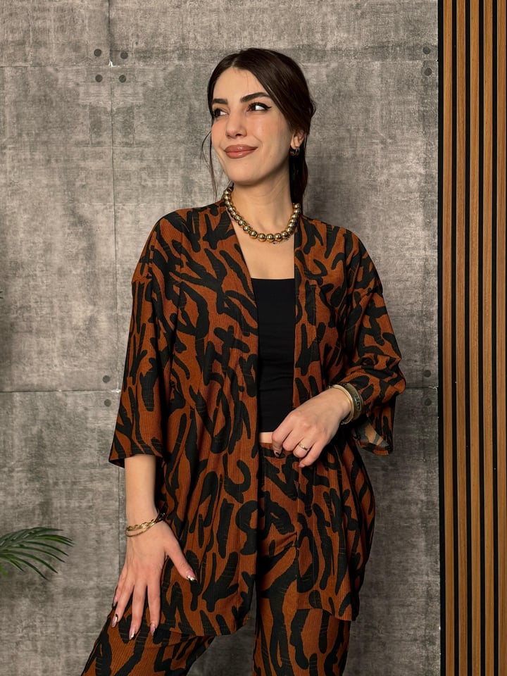 Noves Kahverengi Desenli Kimono İkili Takım