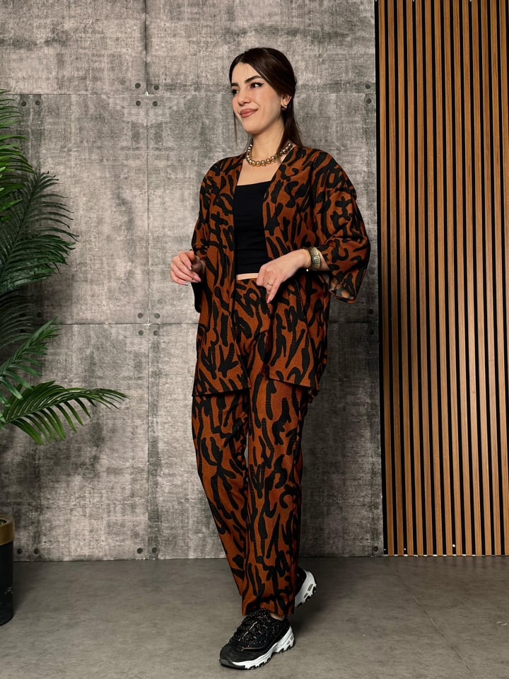 Noves Kahverengi Desenli Kimono İkili Takım