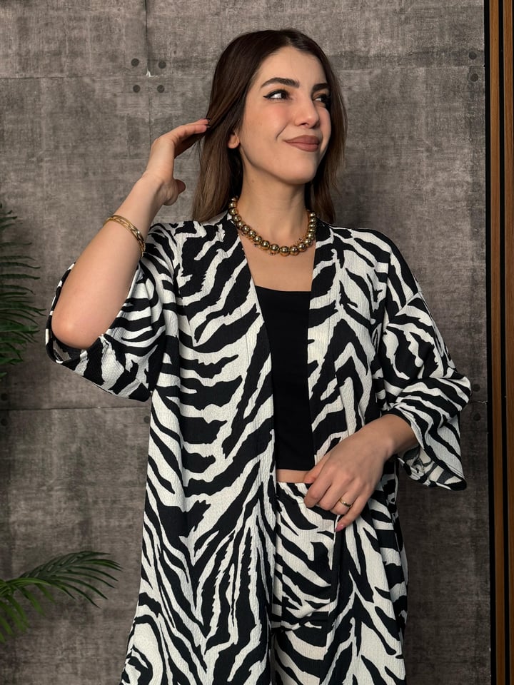 Noves Siyah Desenli Kimono İkili Takım