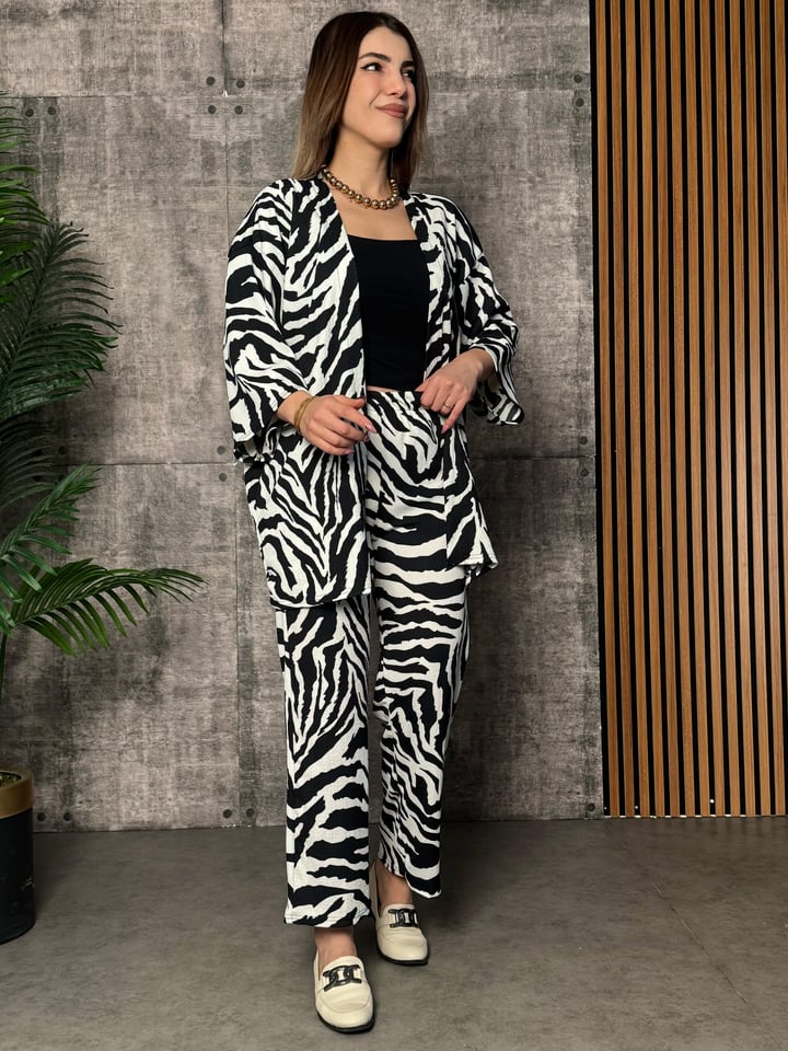 Noves Siyah Desenli Kimono İkili Takım