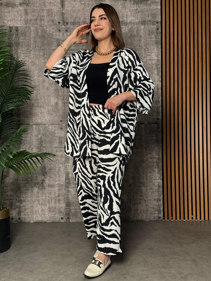 Noves Siyah Desenli Kimono İkili Takım