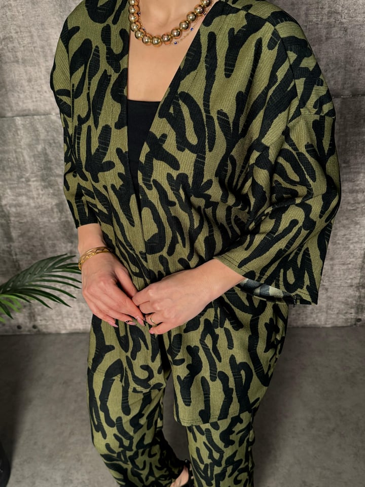 Noves Yeşil Desenli Kimono İkili Takım