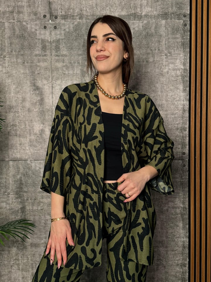Noves Yeşil Desenli Kimono İkili Takım