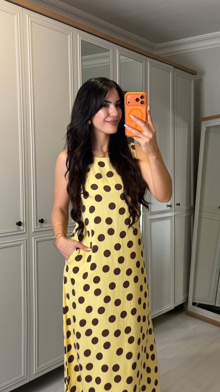 Novy Sarı Puantiyeli Elbise