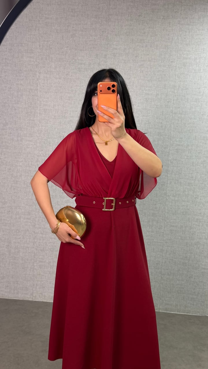 Nuna Bordo Üst Şifon Alt Krep Kemerli Elbise