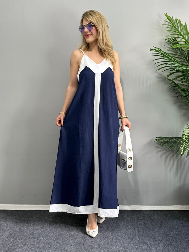 Oleda Lacivert Maxi Keten Elbise 