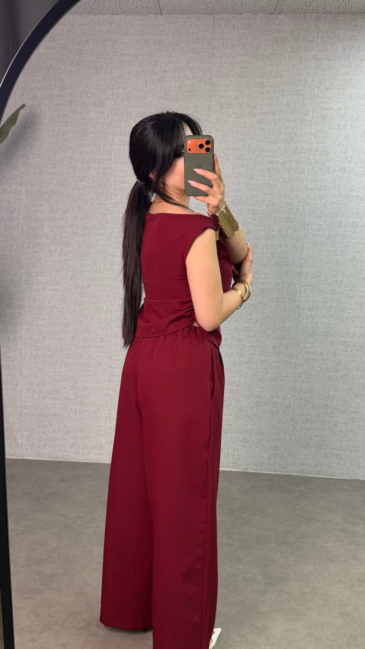 Olga Bordo Gold Tokalı Kayık Yaka Crep İkili Takım