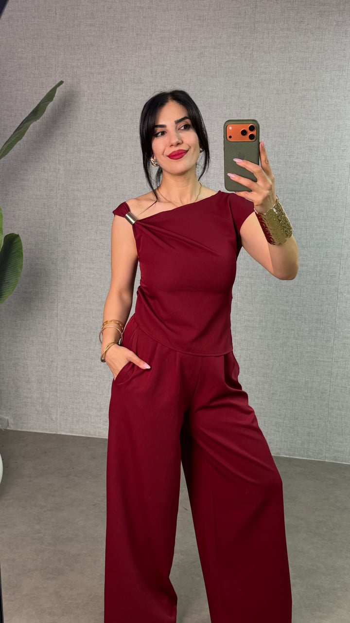 Olga Bordo Gold Tokalı Kayık Yaka Crep İkili Takım