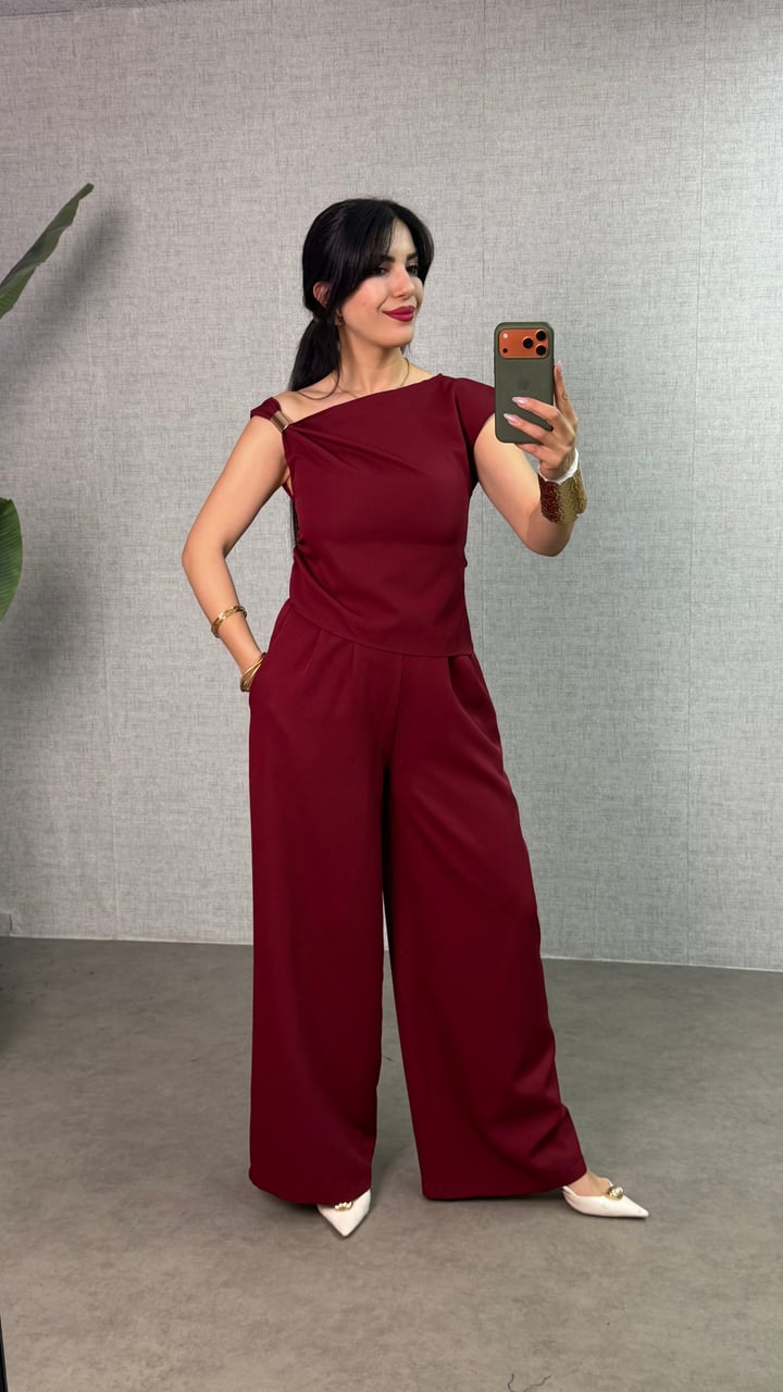 Olga Bordo Gold Tokalı Kayık Yaka Crep İkili Takım
