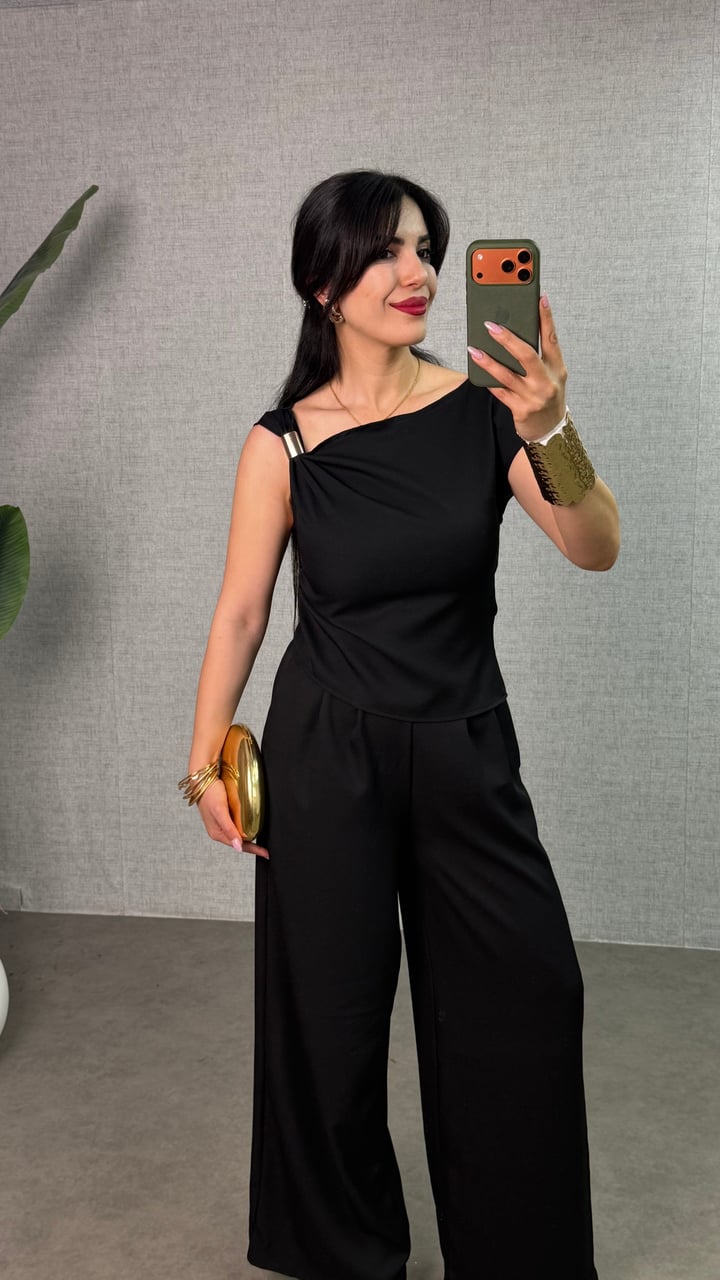 Olga Siyah Gold Tokalı Kayık Yaka Crep İkili Takım