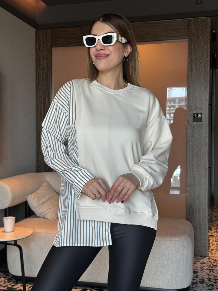 Onna Tasarım Bej Gömlekli Poplin Sweatshirt