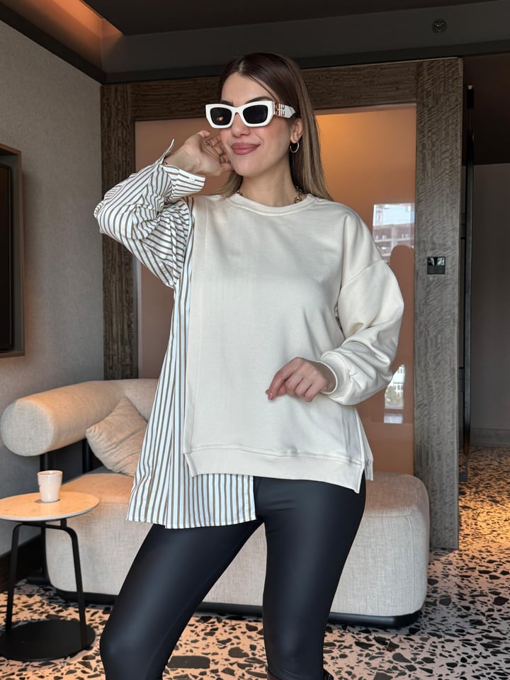 Onna Tasarım Bej Gömlekli Poplin Sweatshirt