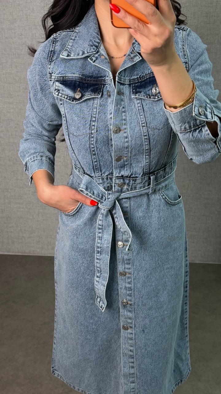 Onne Mavi Beli Kuşaklı Cep Detaylı Denim Elbise