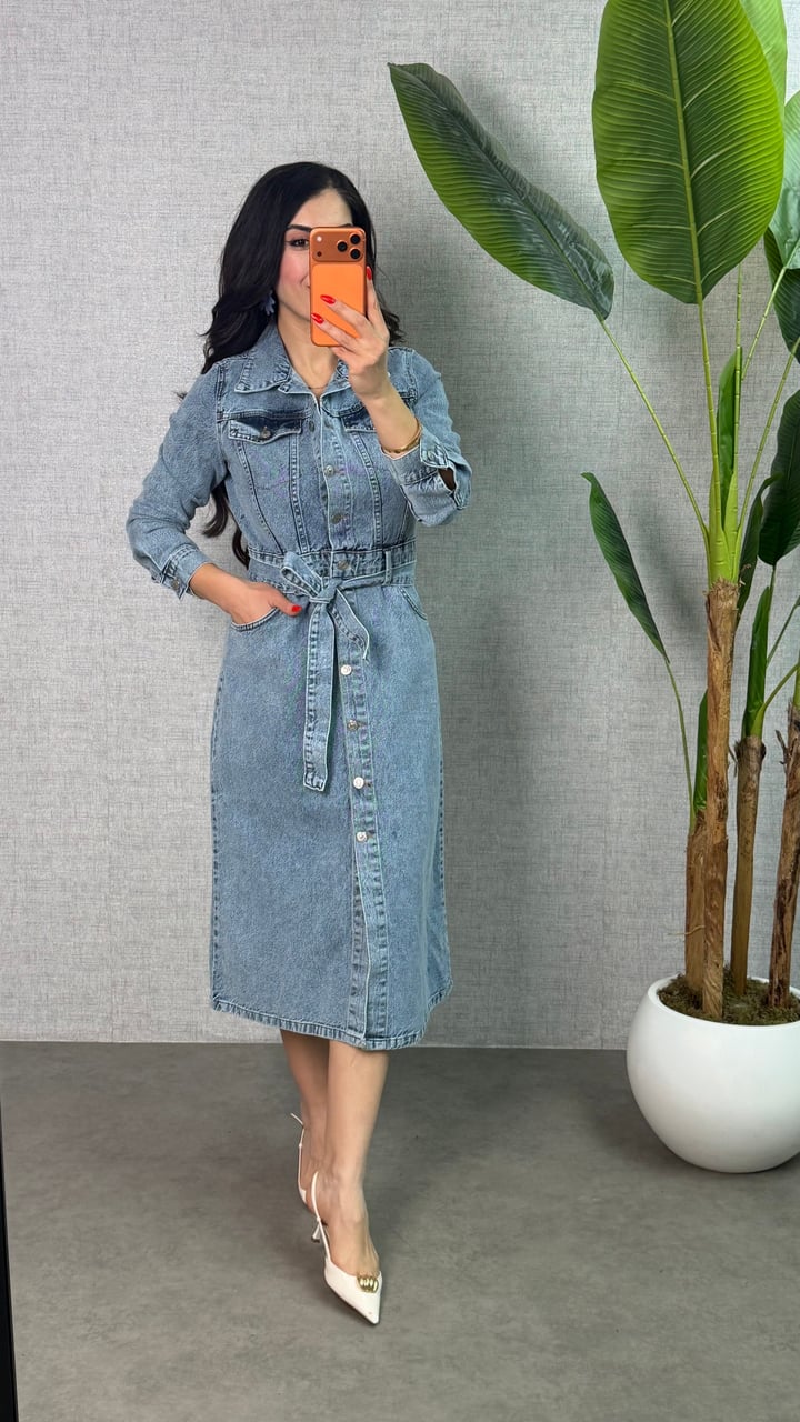 Onne Mavi Beli Kuşaklı Cep Detaylı Denim Elbise