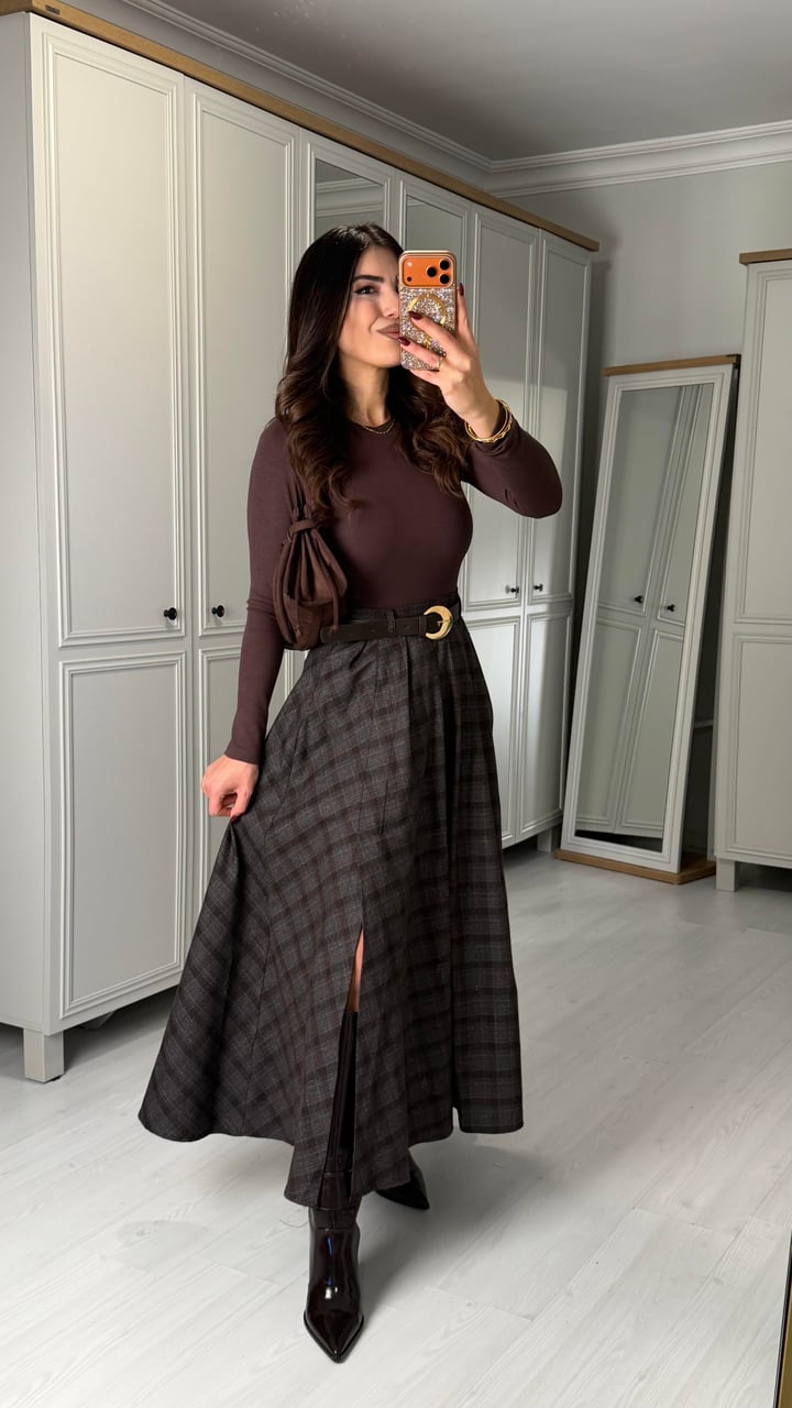 Ottavia Kahverengi Kemerli Yırtmaçlı Ekose Etek