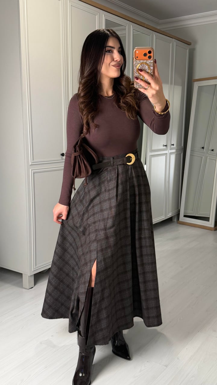Ottavia Kahverengi Kemerli Yırtmaçlı Ekose Etek