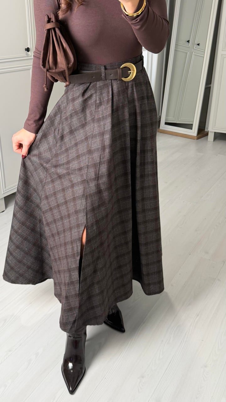 Ottavia Kahverengi Kemerli Yırtmaçlı Ekose Etek