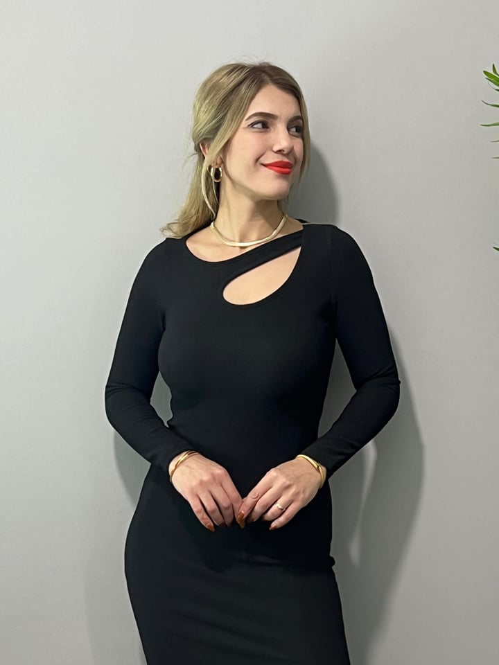 Oxs Siyah Ottoman Kumaş Pencere Detalı Elbise
