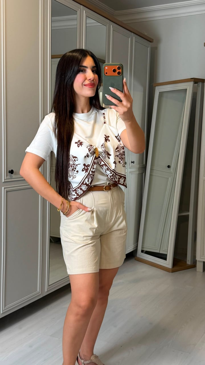 Paly Bej Şal Desenli Keten Şortlu İkili Takım