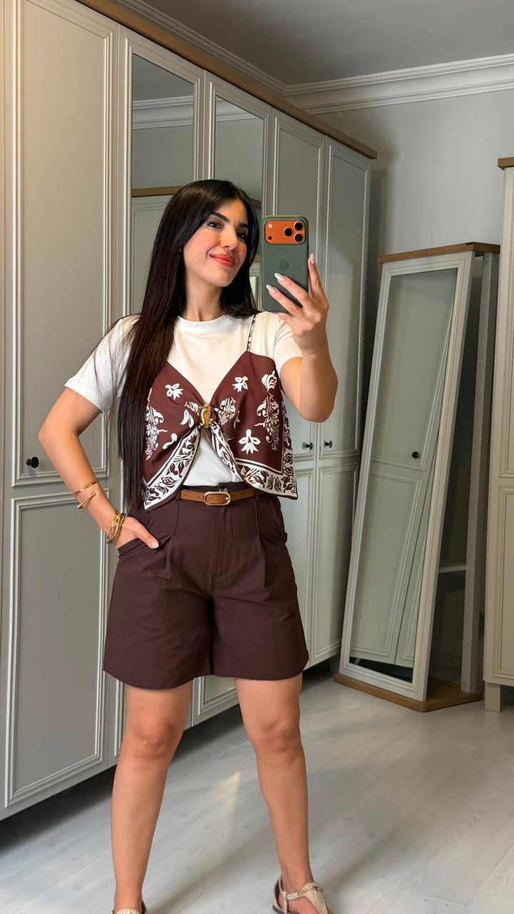 Paly Kahverengi Şal Desenli Keten Şortlu İkili Takım