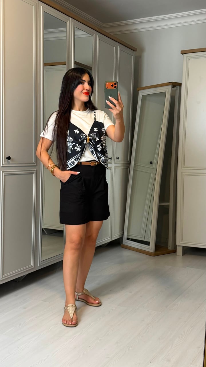 Paly Siyah Şal Desenli Keten Şortlu İkili Takım