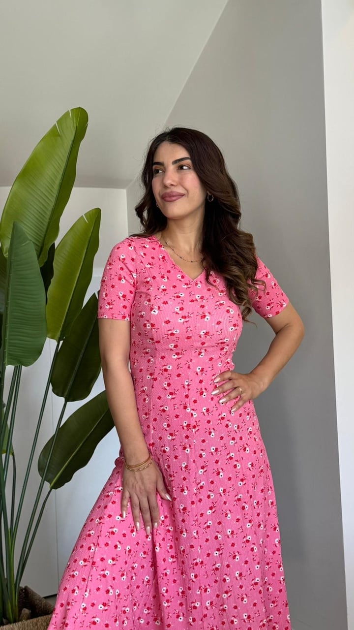 Papery Pembe Çiçek Desenli Elbise