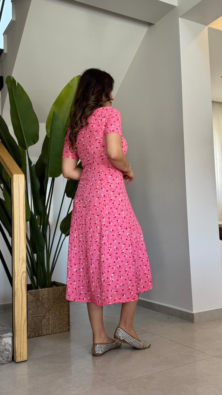 Papery Pembe Çiçek Desenli Elbise