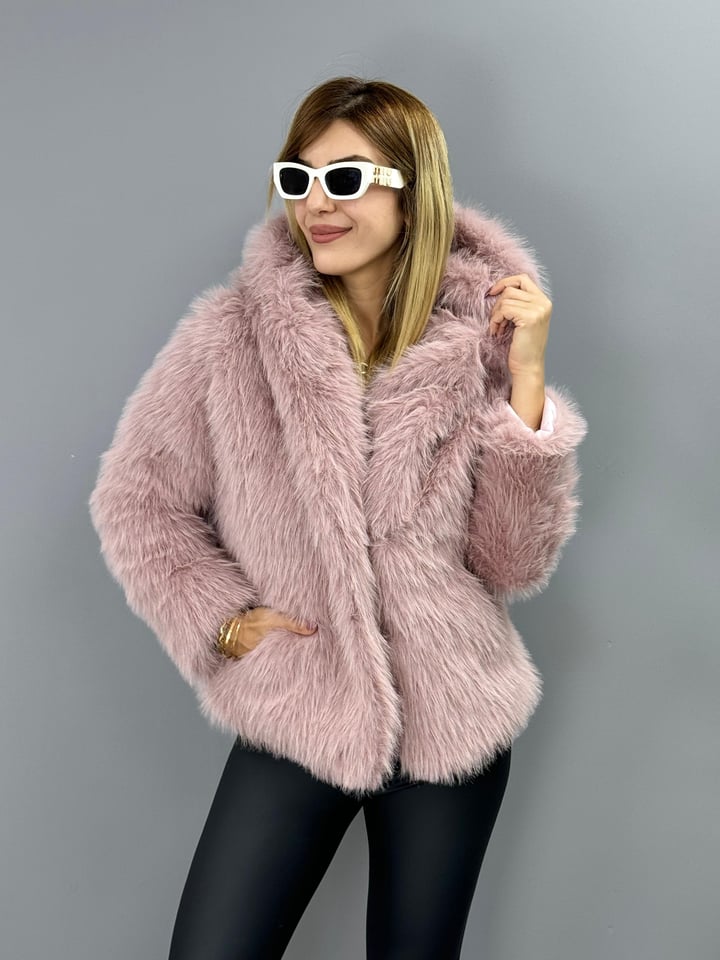 Papy Pembe Kapüşonlu Astarlı Kürk