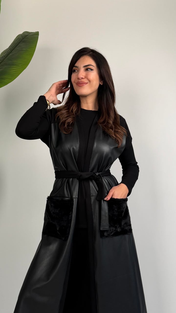 Paula Deri Yelekli Kürk Cepli Üçlü Takım