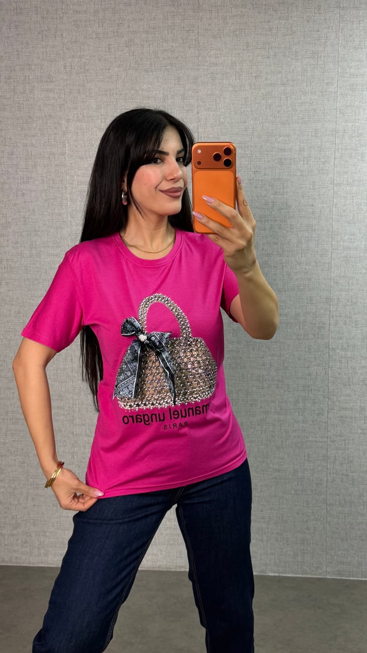 Pena Pembe Tasarım Taşlı Tişört
