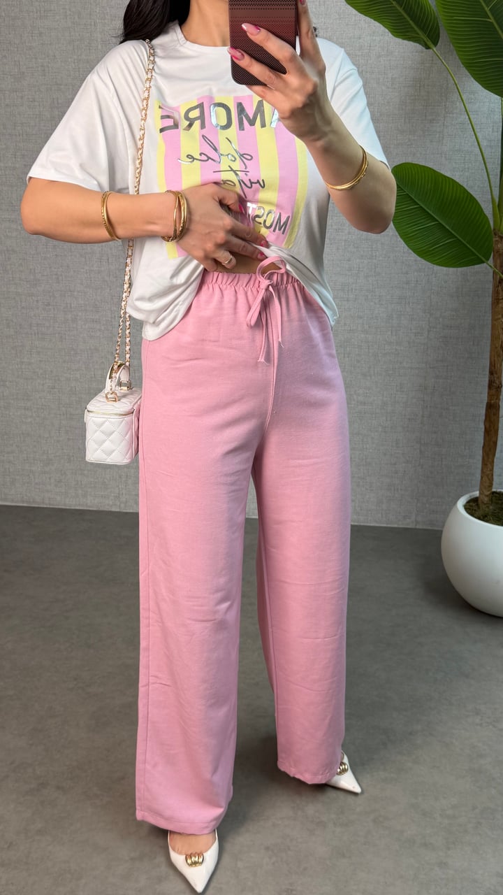Pink Pembe Baskılı Keten İkili Takım