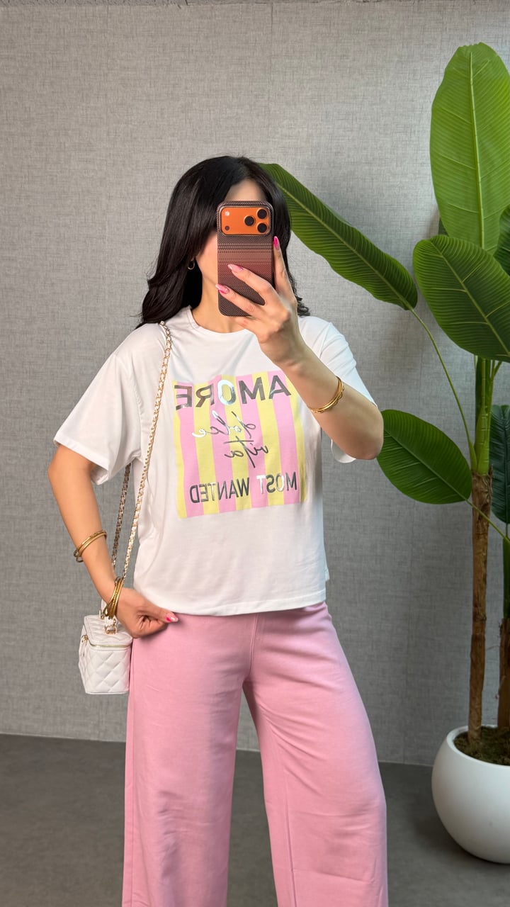 Pink Pembe Baskılı Keten İkili Takım