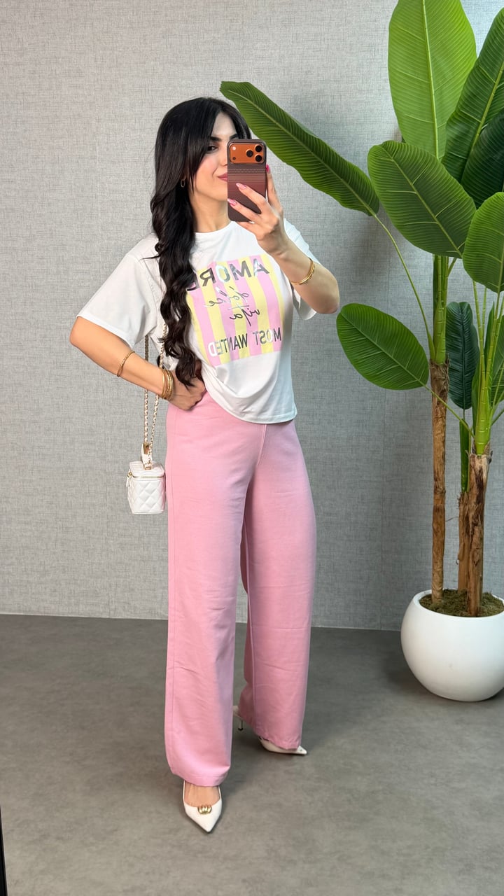 Pink Pembe Baskılı Keten İkili Takım