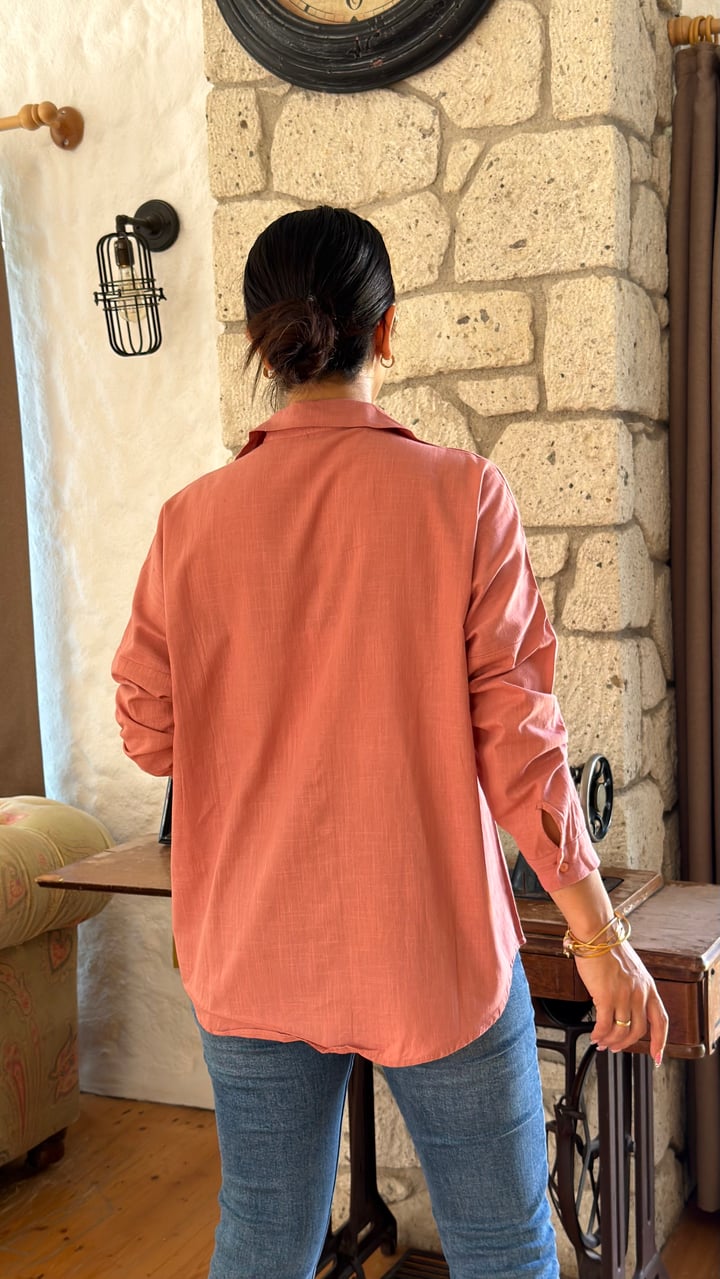 Piya Gül Kurusu Çift Cep Oversize Gömlek