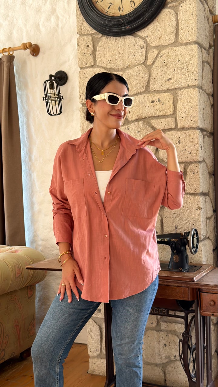 Piya Gül Kurusu Çift Cep Oversize Gömlek