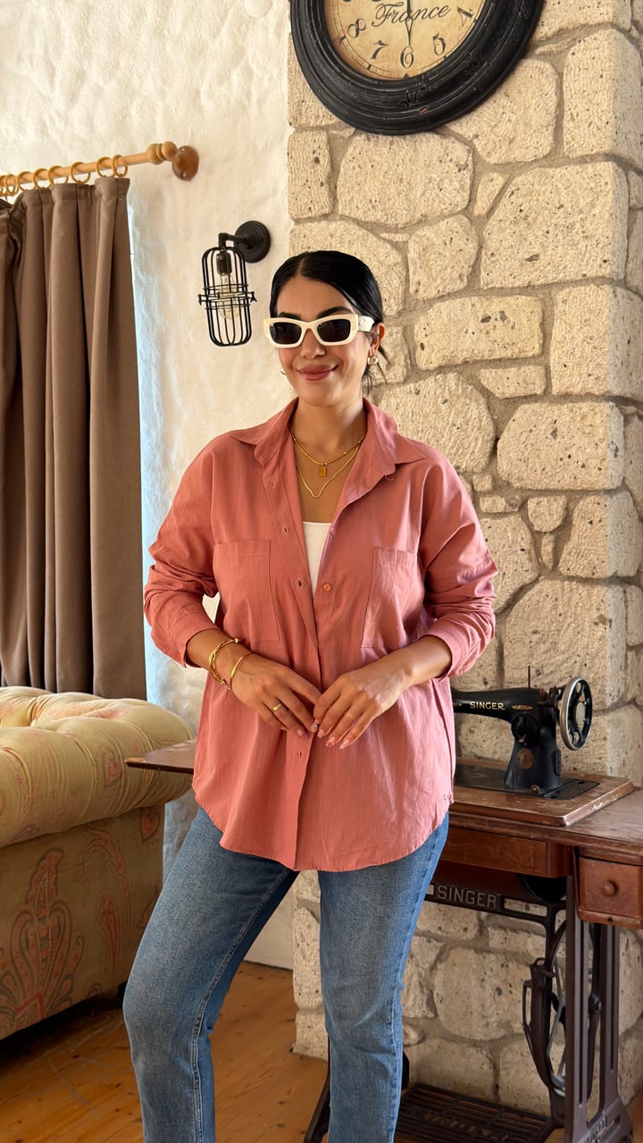 Piya Gül Kurusu Çift Cep Oversize Gömlek